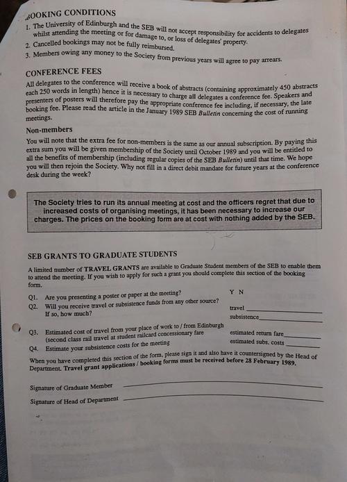 A printed booking form for the Edinburgh meeting in 1989 included: attendees’ personal information, Conference fees, choice of food, accommodation, payments, and sessions to attend.