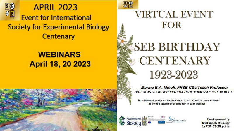Opening slide for the virtual event to celebrate SEB Centenary, including with sponsors logos, organiser's name and collaborators.