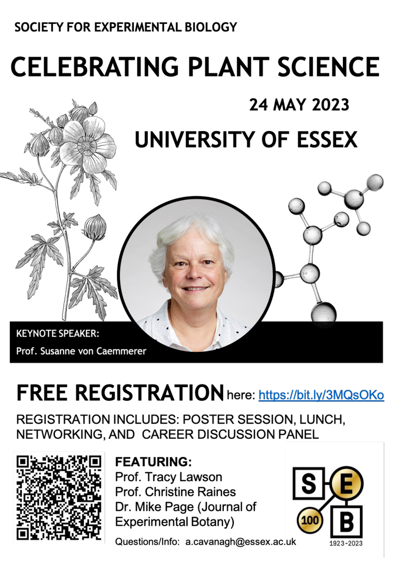 Flyer of the event: Celebrating Plant Science - University of Essex - 24 May 2023. Keynote speaker: Prof. Susanne von Caemmerer, FRS.