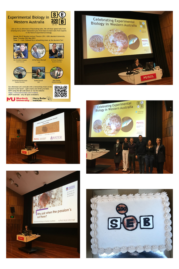 6 images from the Australia event, including: the poster for the event, three speakers giving a talk, the six invited speakers together and a cake with the SEB logo