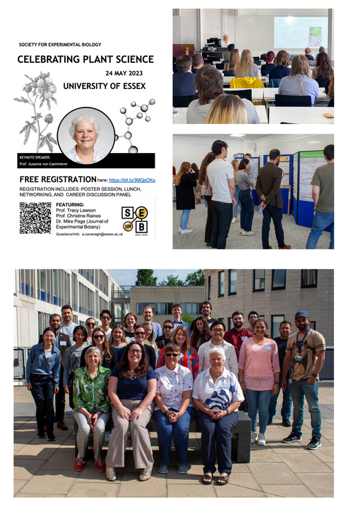 Four images of the “Celebrating Plant Science” event including: the marketing poster, Susanne von Caemmerer presenting her talk for a full room, people reading posters, picture with about 30 attendees