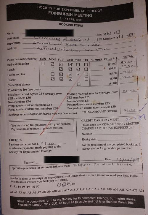  A printed booking form attachment describing the booking conditions, the Conference fees and the form for graduate students that wanted to apply for the SEB Grant to attend the Conference