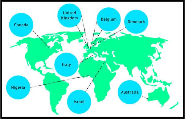 A world map highlighting the eight countries where the celebrations happened: Australia, Belgium, Canada, Denmark, England, Israel, Italy and Nigeria.