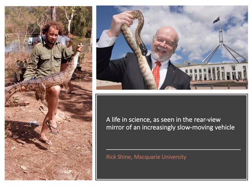 Opening slide of Dr Richard Shine talk with two pictures: one from when he was an early career holding a crocodile and one from recent years of him holding a snake.