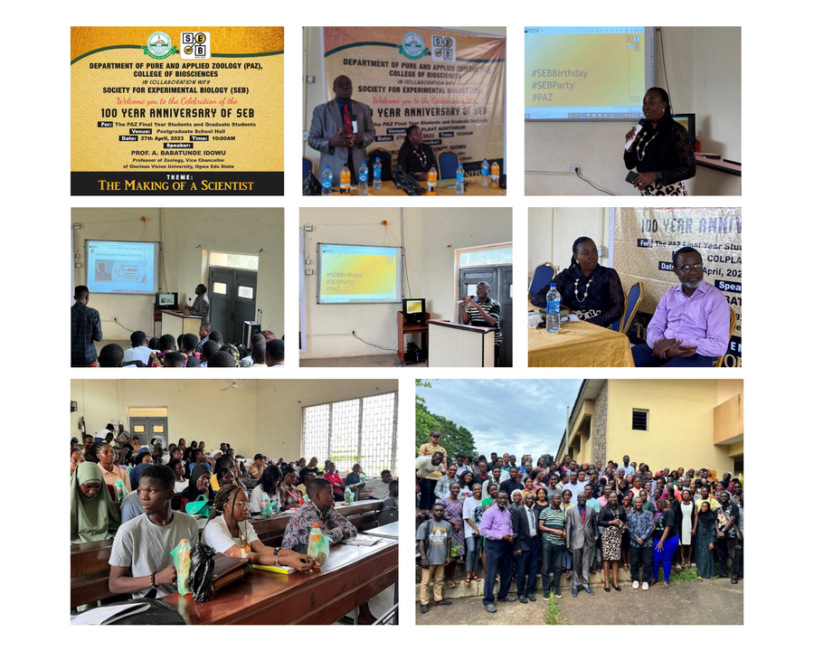 Eight pictures from the Nigeria's event, including marketing poster, speaker presentation, attendees in the classroom and outdoors, other professors and department staff.